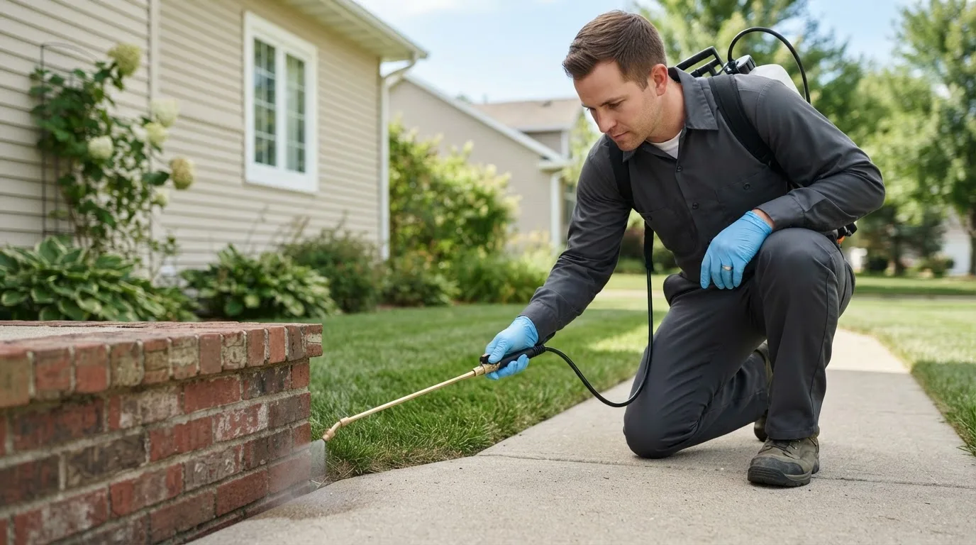 Pest control technician treating a home near Mcclellandtown, PA